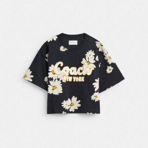 Black Coach Floral Cropped Signature Script T Shirt In Organic Cotton Women Tops | 4356OAUCE