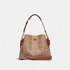 Brown / Red Coach Willow Shoulder Bag In Signature Canvas Women Shoulder Bags & Hobos | 6317MOQKZ