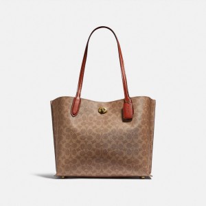 Brown / Red Coach Willow Tote Bag In Signature Canvas Women Totes & Carryalls | 2049IGQYD