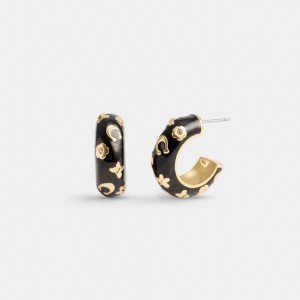 Gold / Black Coach Enamel Signature Floral Huggie Earrings Women Jewelry | 5631FZDRX