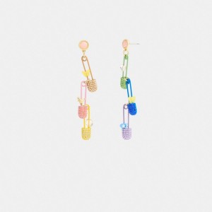 Gold / Multicolor Coach Safety Pin Charm Drop Earrings Women Jewelry | 7853YDGCQ