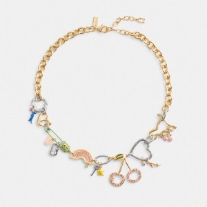 Gold / Multicolor Coach Safety Pin Charm Necklace Women Jewelry | 9547OSQMR