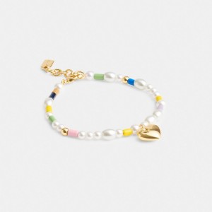 Gold / Multicolor Coach Signature Heart Beaded Pearl Bracelet Women Jewelry | 6791WGHLC