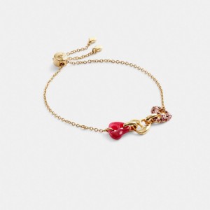 Gold / Pink Multicolor Coach Pavé Hearts Chain Link Slider Bracelet Women Jewelry | 3715FSKYR