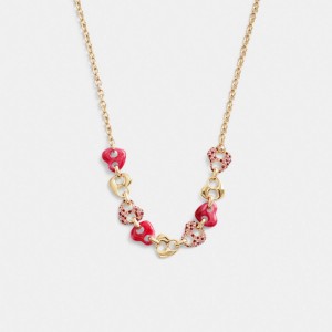 Gold / Pink Multicolor Coach Pavé Hearts Chain Link Necklace Women Jewelry | 7624RTVGW