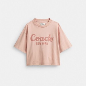 Pink Coach Cursive Signature Cropped T Shirt Women Tops | 5306PQDYR