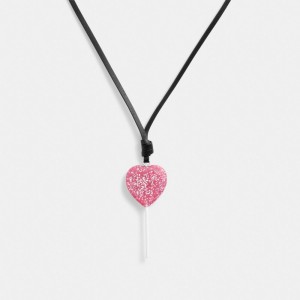 Silver / Pink Coach The Lil Nas X Drop Heart Lollipop Necklace Women Jewelry | 0731IUJRS