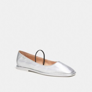 leather/Silver Coach Emilia Mary Jane In Silver Metallic Women Flats & Loafers | 2519ZVICD