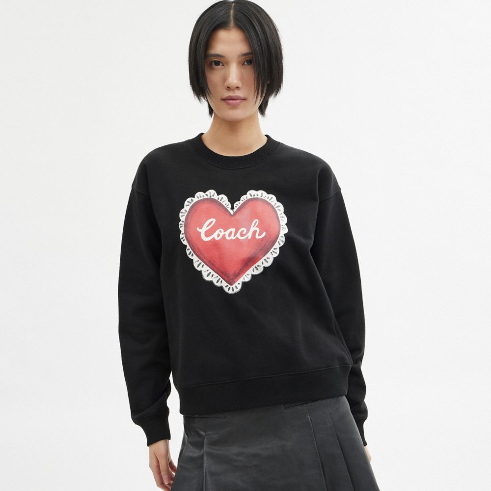 Black Coach Heart Crewneck Sweater Women Tops | 2374UQJFO