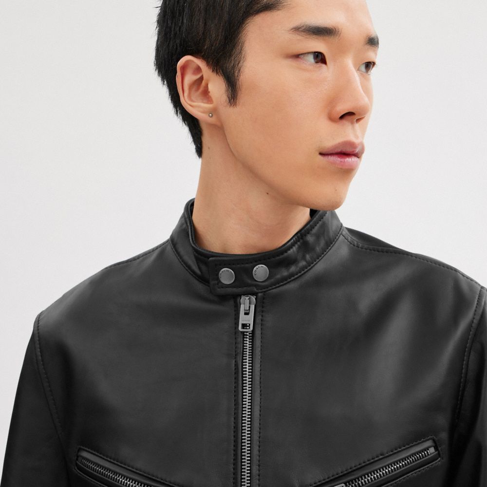 Black Coach Leather Racer Men Jackets & Outerwear | 1402LGPZI