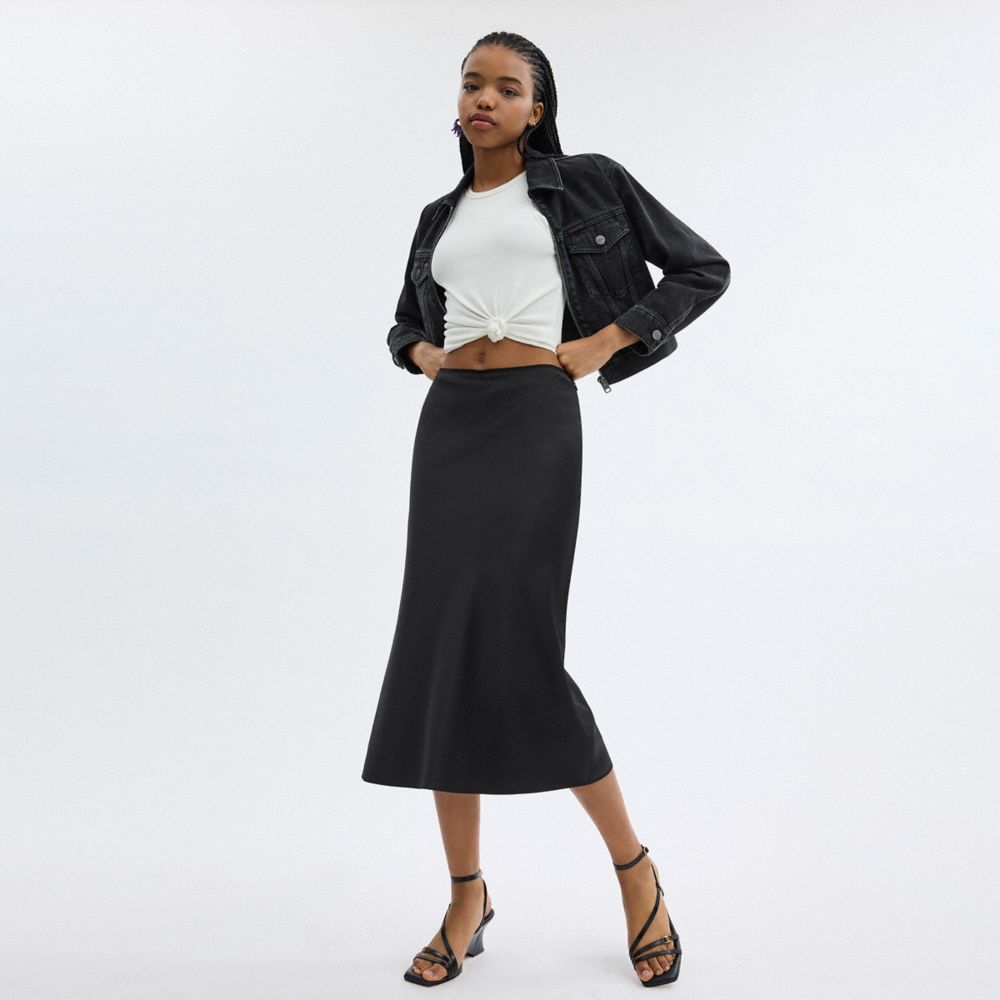 Black Coach Long Satin Midi Skirt Women Bottoms | 8574ALXUS