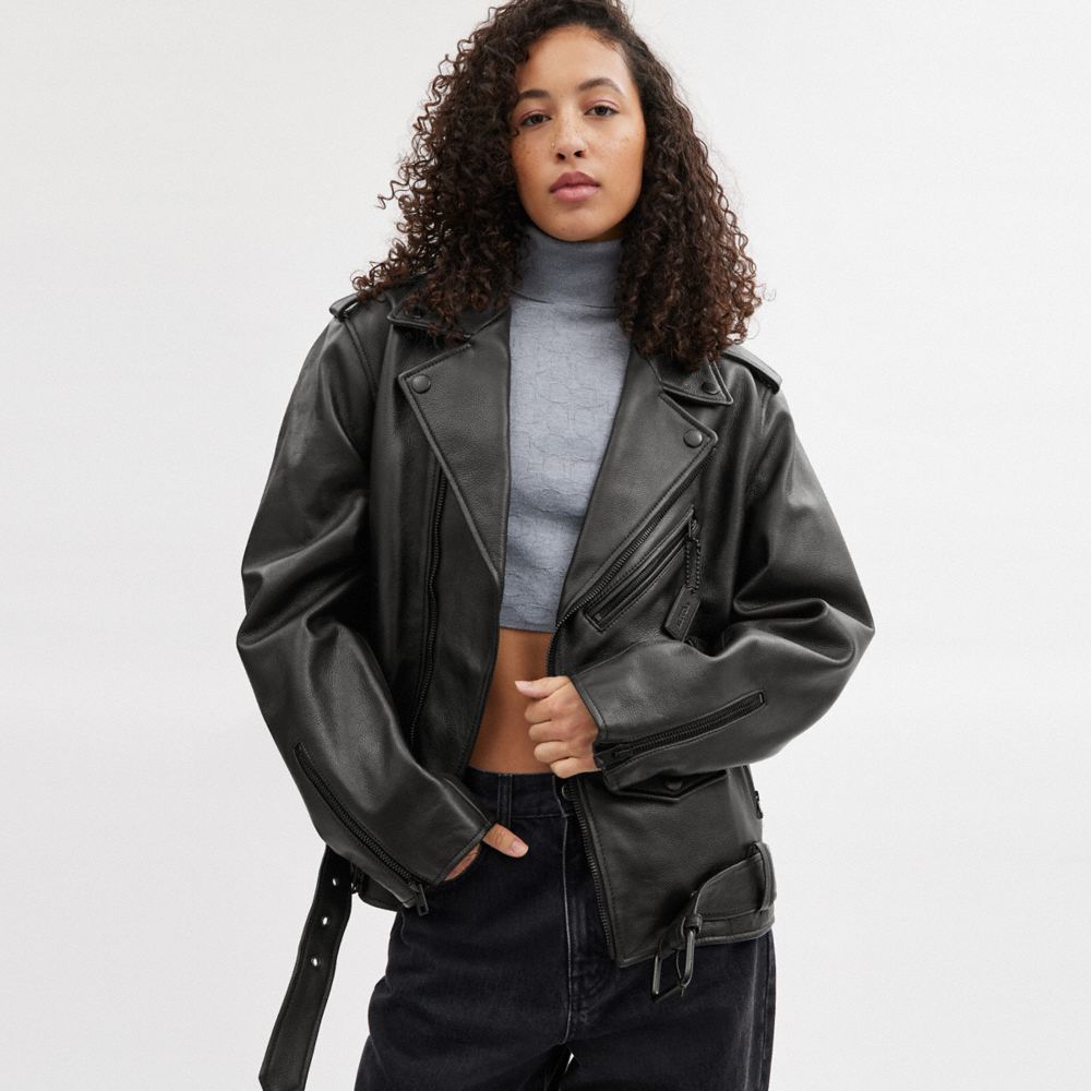 Black Coach Moto Jacket Women Jackets & Outerwear | 7420IOFWV