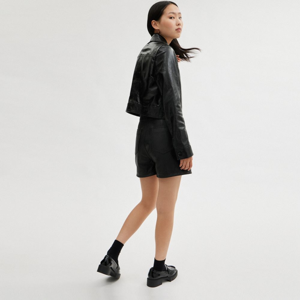 Black Coach Patent Leather Jacket Women Jackets & Outerwear | 9528YONKD