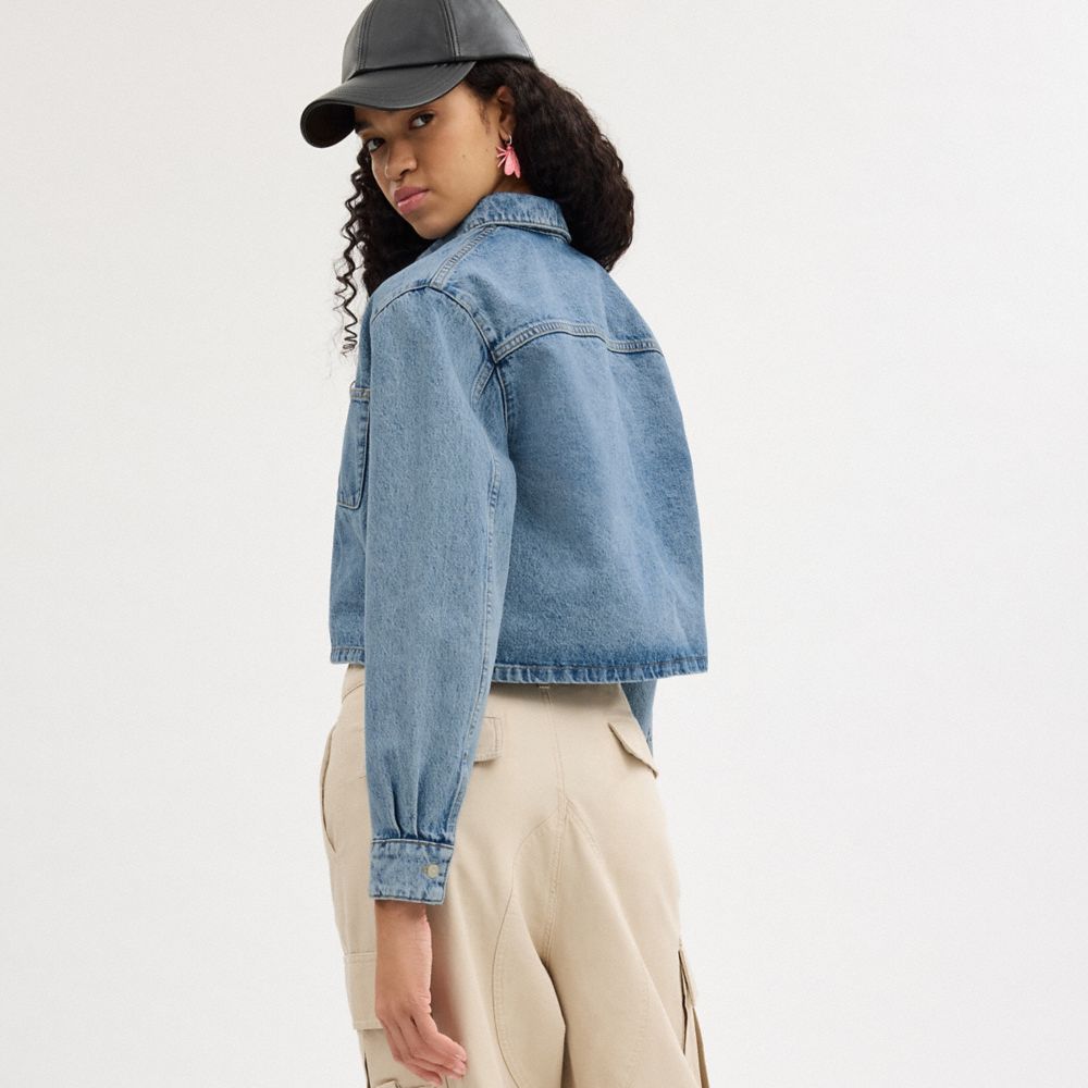 Blue Coach Cropped Denim Button Down Women Tops | 7503KPAJD