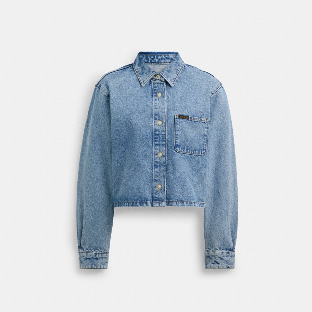 Blue Coach Cropped Denim Button Down Women Tops | 7503KPAJD