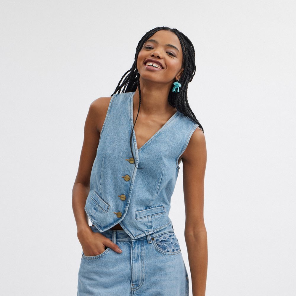 Blue Coach Denim Vest In Organic Cotton Women Tops | 8502XWZJH