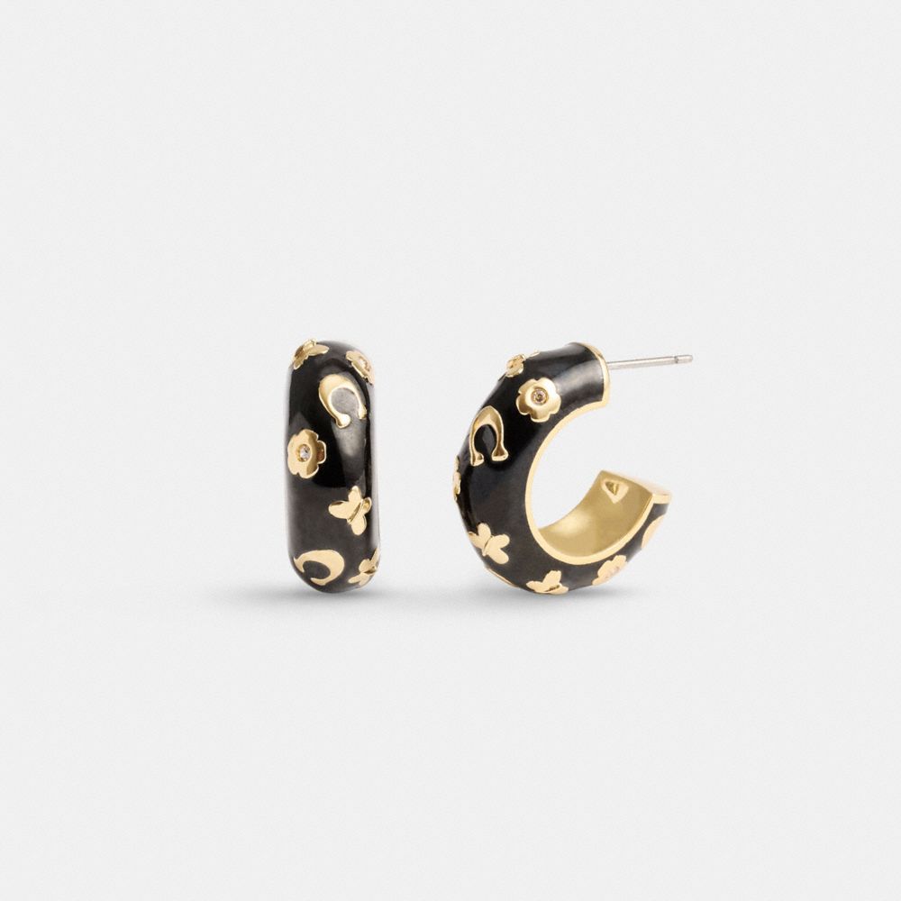 Gold / Black Coach Enamel Signature Floral Huggie Earrings Women Jewelry | 5631FZDRX