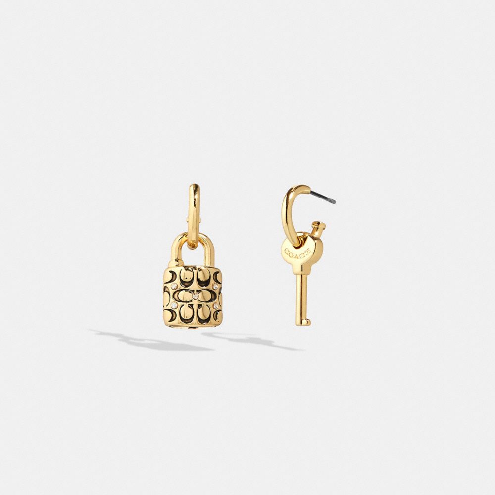 Gold / Black Coach Quilted Padlock Key Mismatch Earrings Women Jewelry | 3216RNYEH