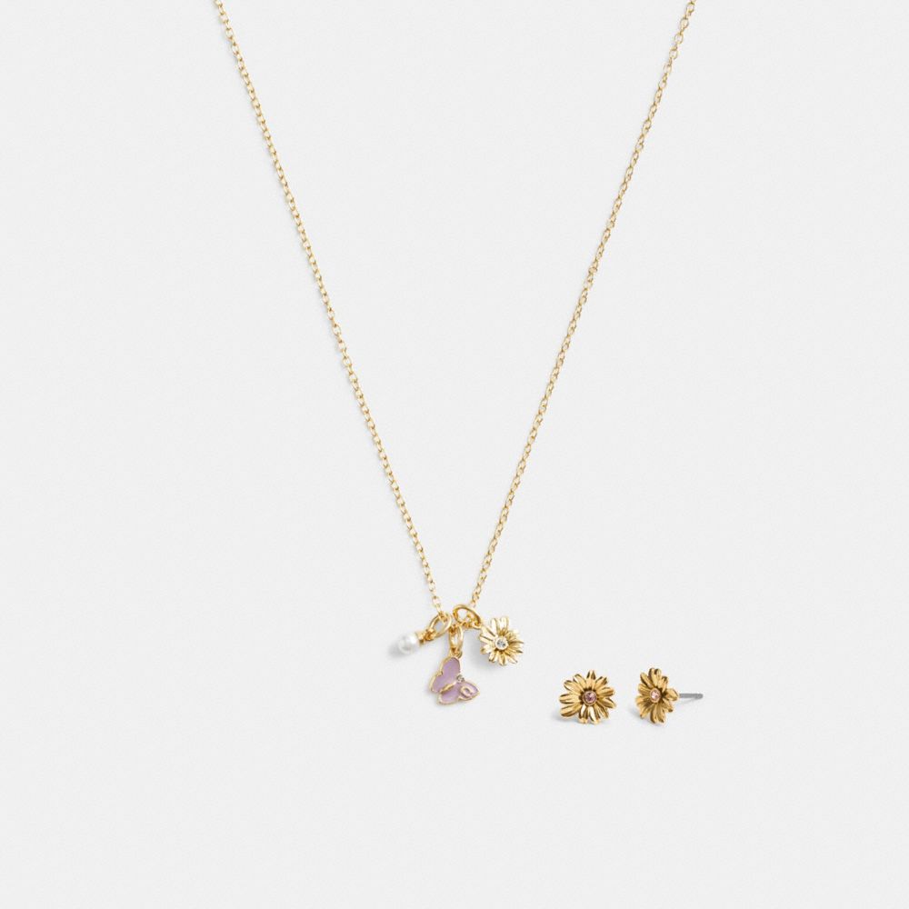 Gold / Multicolor Coach Garden Charms Pendant Necklace And Earrings Set Women Jewelry | 8246MCVJH