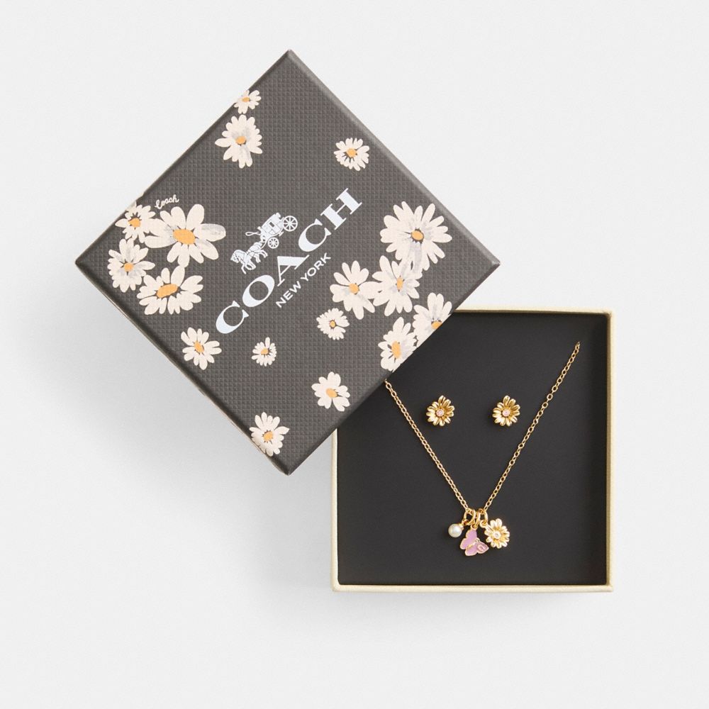 Gold / Multicolor Coach Garden Charms Pendant Necklace And Earrings Set Women Jewelry | 8246MCVJH