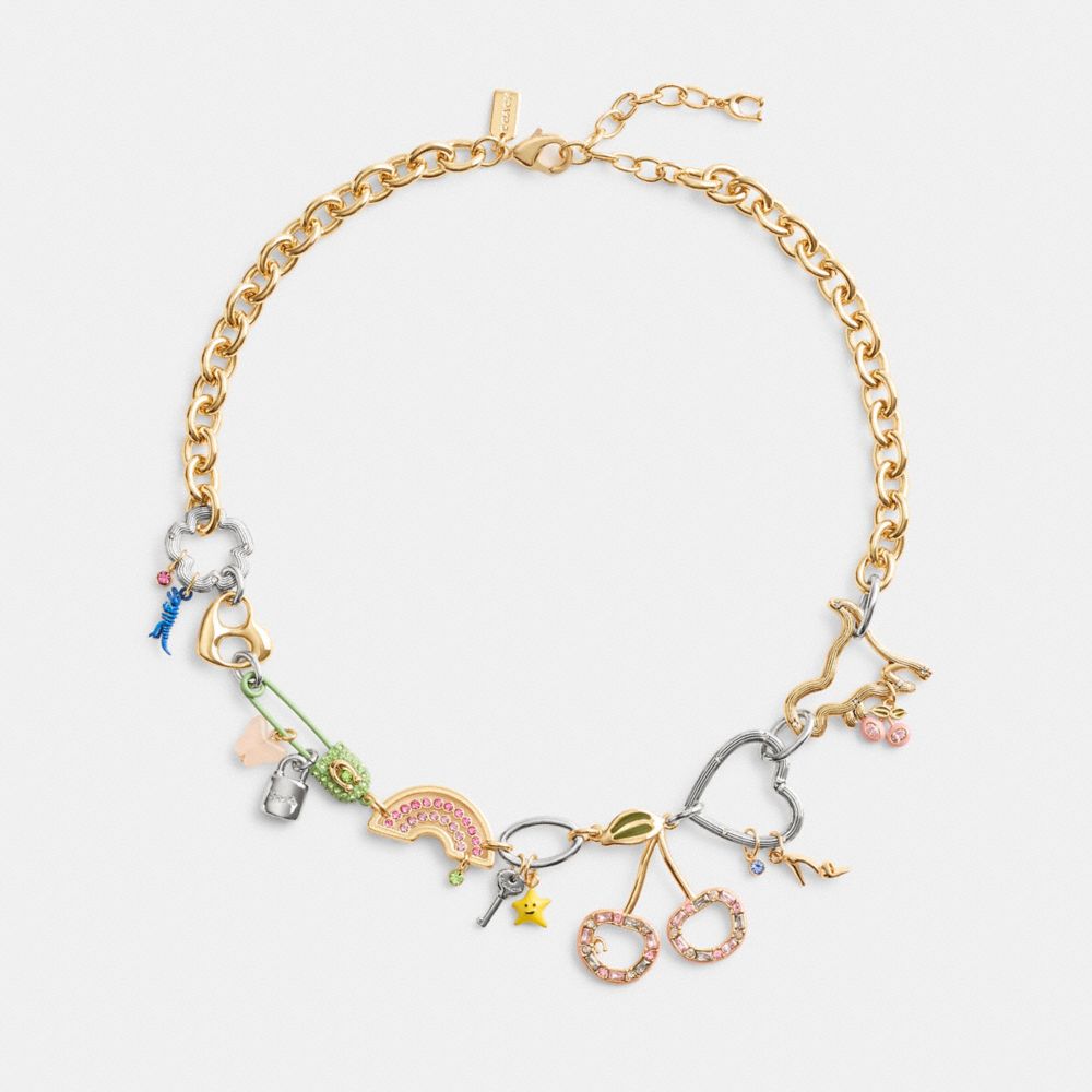 Gold / Multicolor Coach Safety Pin Charm Necklace Women Jewelry | 9547OSQMR