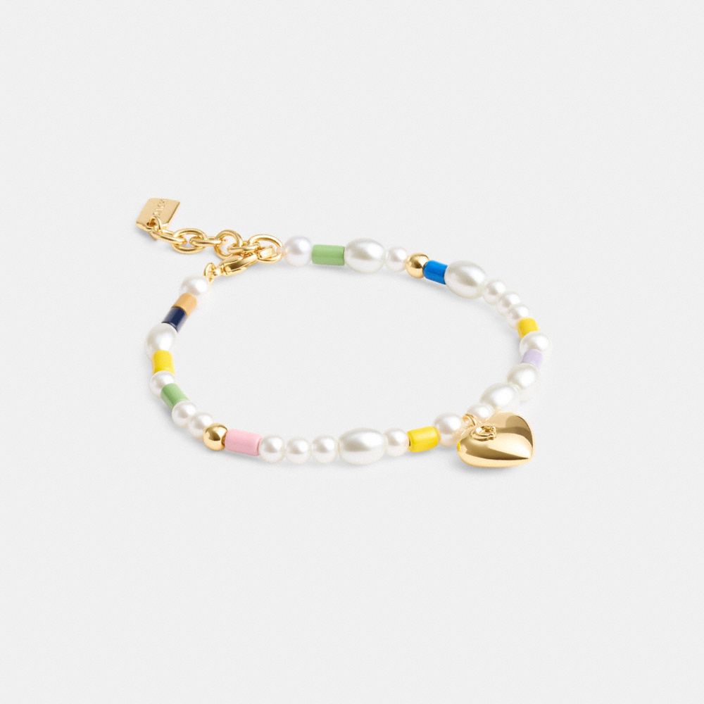 Gold / Multicolor Coach Signature Heart Beaded Pearl Bracelet Women Jewelry | 6791WGHLC