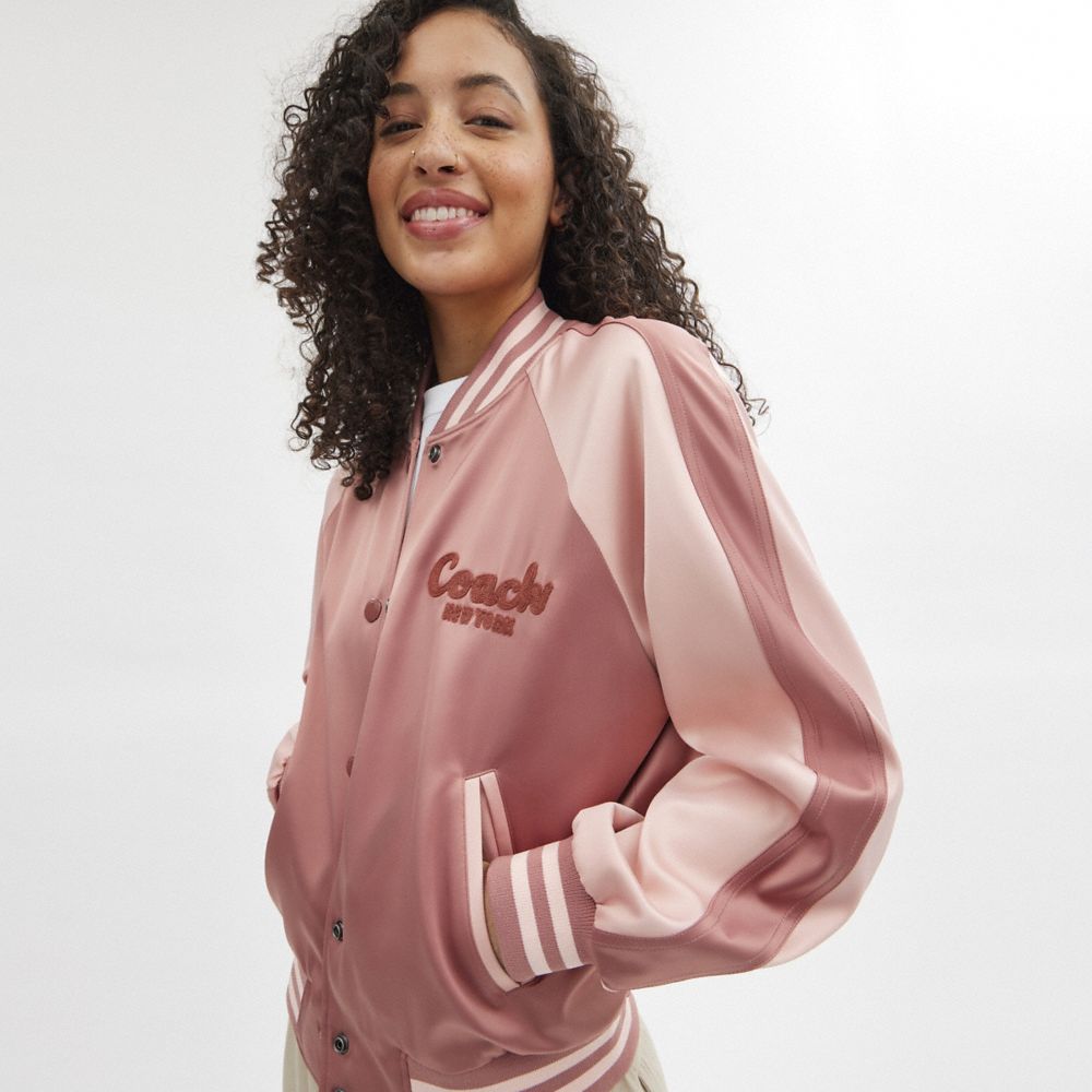 Pink Coach Satin Varsity Jacket Women Jackets & Outerwear | 2638KMOXW