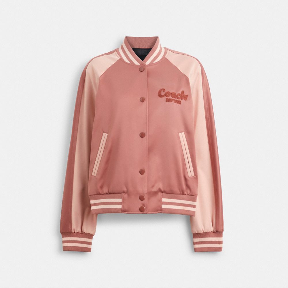 Pink Coach Satin Varsity Jacket Women Jackets & Outerwear | 2638KMOXW