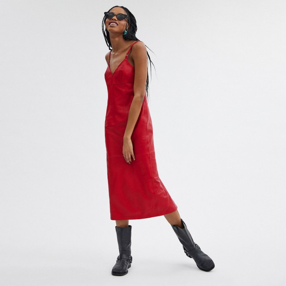 Red Coach Long Leather Dress Women Dresses | 0714OXZWL