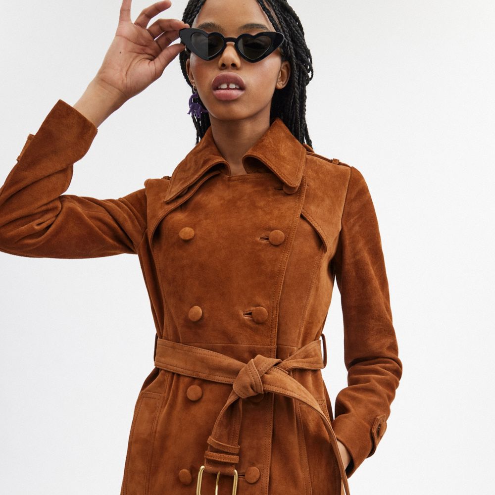 Saddle Coach Heritage C Suede Trench Coat Women Jackets & Outerwear | 1059DILMN