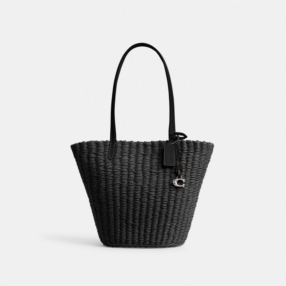 Silver / Black Coach Small Straw Tote Women Totes & Carryalls | 1602UYCAD