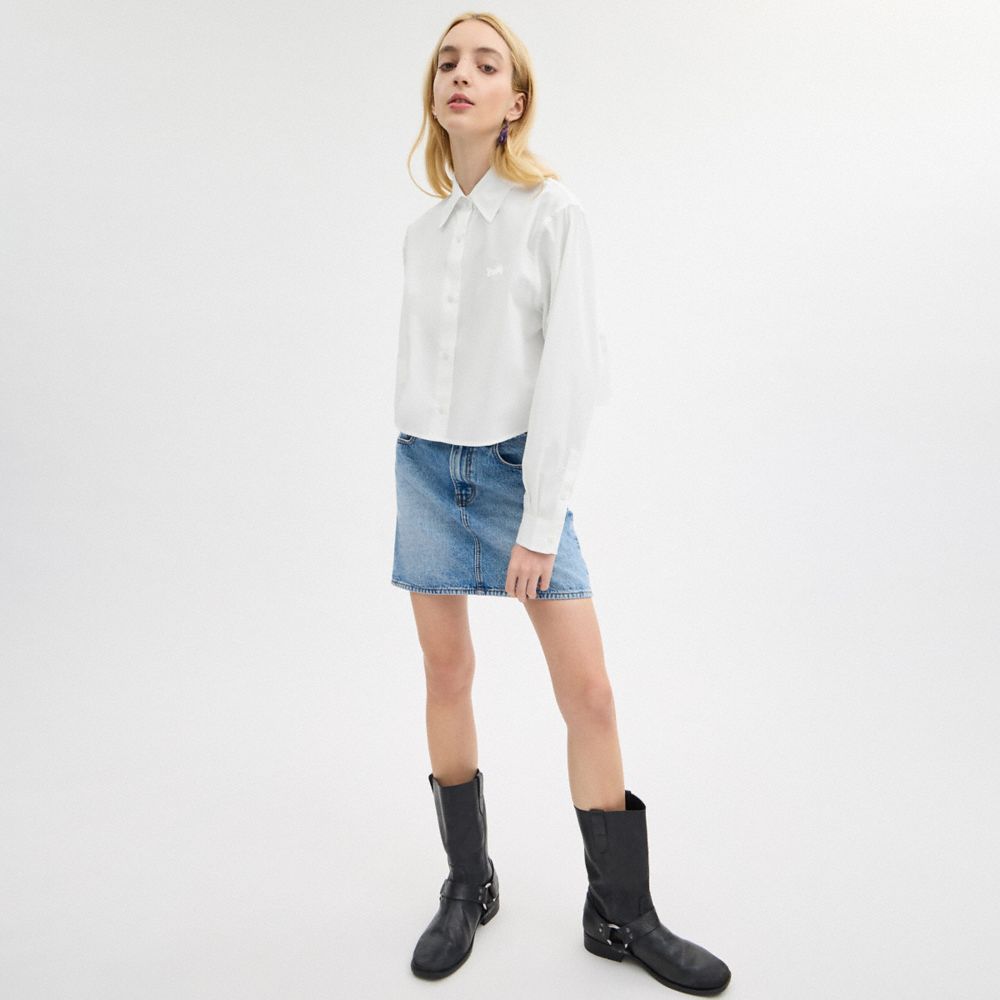 White Coach Cropped Button Up Shirt Women Tops | 7506GAHLN