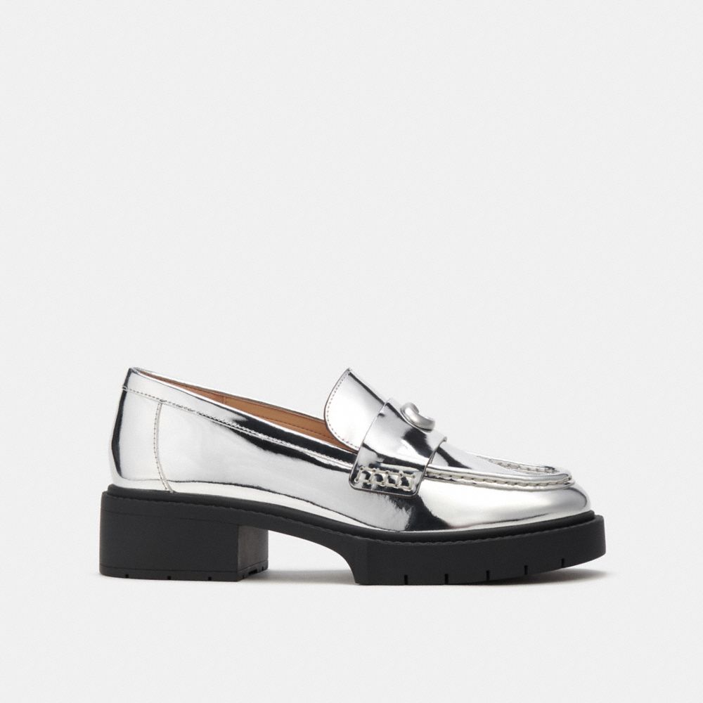 leather/Silver Coach Leah Loafer In Silver Metallic Women Flats & Loafers | 7291RFQKL