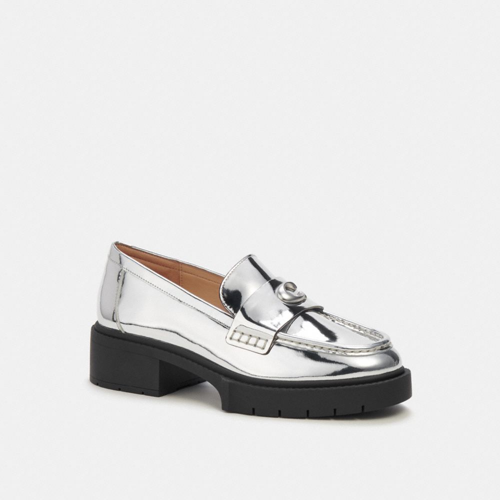 leather/Silver Coach Leah Loafer In Silver Metallic Women Flats & Loafers | 7291RFQKL